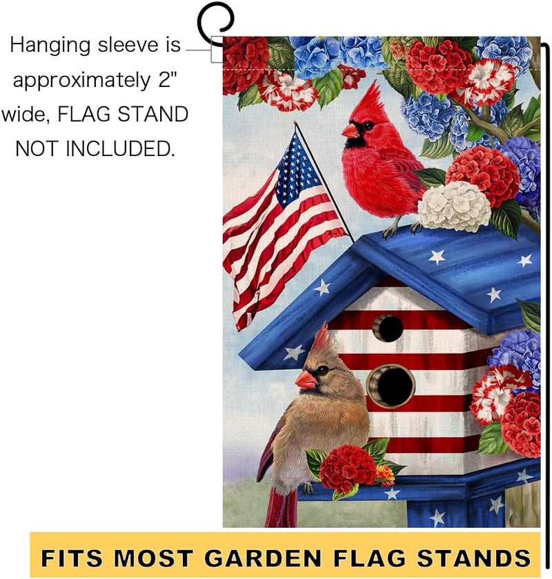BLKWHT 4th of July Cardinal Bird Garden Flag 12x18 Vertical Double Sided Red Blue Floral Memorial Day Independence Day Holiday Outside Decorations Burlap Yard Flag BW824 - Image 5